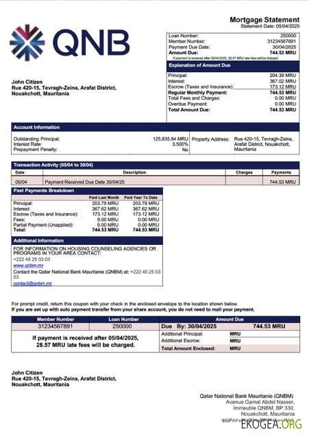 Mauritanie Qatar National Bank Mauritanie (QNBM) relevé hypothécaire Modèle Word et PDF